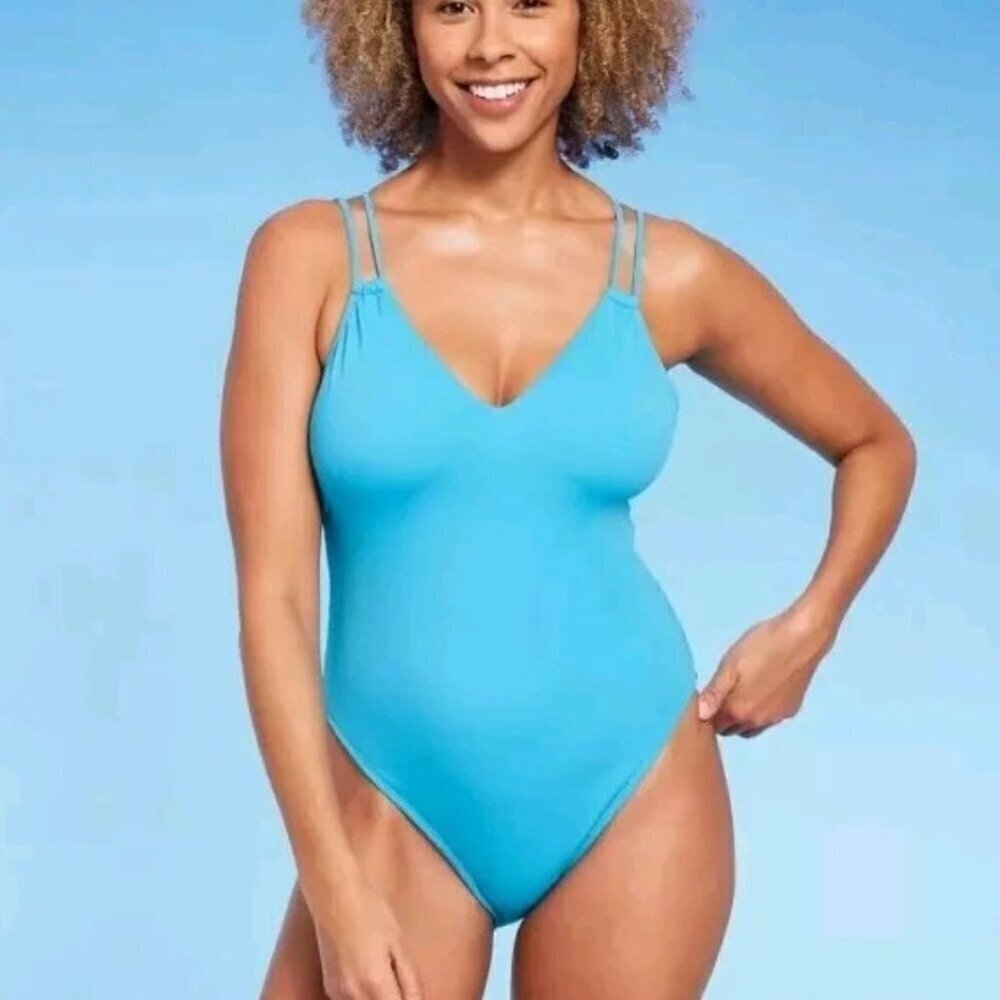 NWT Shade & Shore Size L Turquoise one piece padded strappy swimsuit